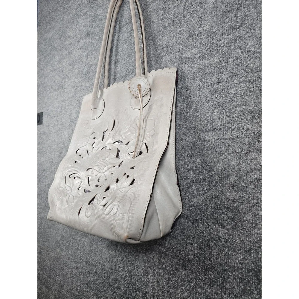 Patricia Nash Light Gray Tooled Cutout Floral Tote Bag Southwestern Minimalist
